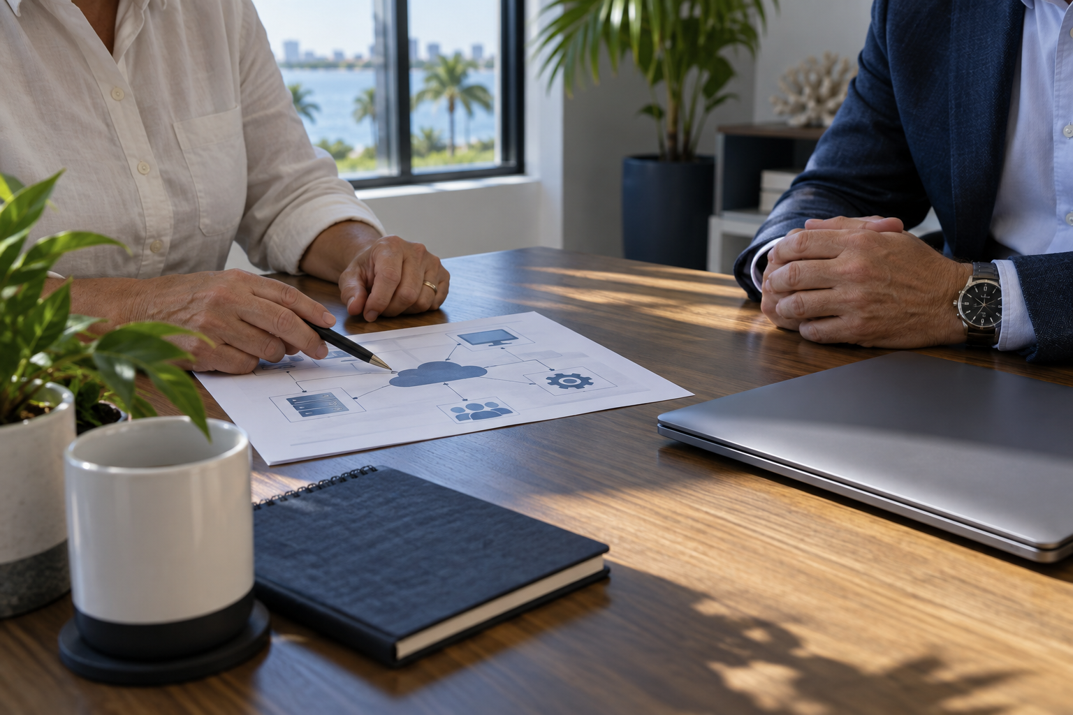 Two people reviewing a systems diagram at a business meeting table