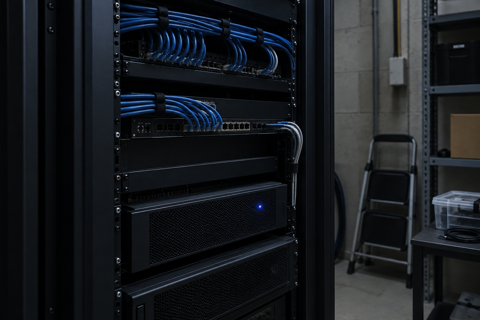 Organized communications rack in a small business equipment room